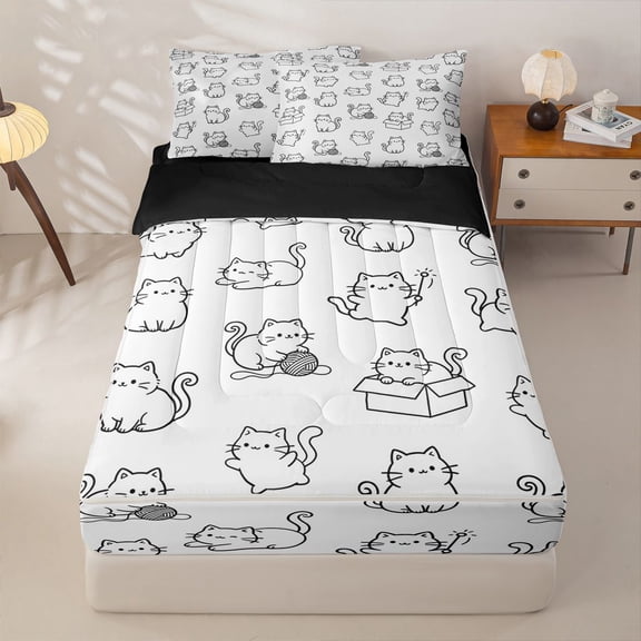 jejeloiu Cat Cute Pattern Zipper Twin Comforter Sets with Fitted Sheet and 2 Pillowcases Kids,Minimal Kitten Print Zipper Bedding Set,Reversible,4-Piece