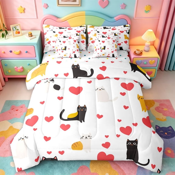 jejeloiu Cat Heart Pattern 7-Piece Twin Bedding Sets Kids,Cute Kitten Print Bedding Comforter Set,Reversible