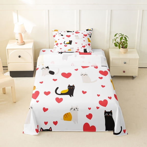 jejeloiu Cat Heart Pattern Twin Sheet Sets Kids,Cute Kitten Print Bedding,3 Pieces