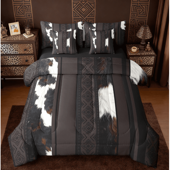 jejeloiu Cattle Hide Bedding Comforter Set 7pcs,Cow Print Queen Bedding Sets,Aztec Geometric Stripes Queen Sheet Sets,Breathable Bedroom Decor Reversible