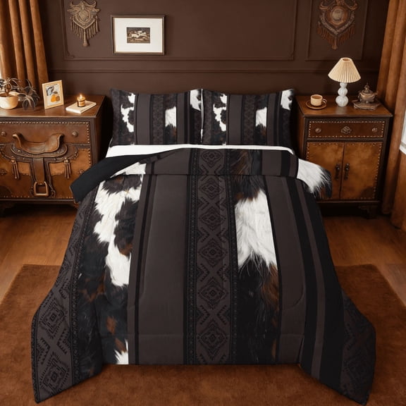 jejeloiu Cattle Hide Bedding Comforter Set,Cow Print Twin Comforter Sets,Aztec Geometric Stripes Bedding Set,Breathable Bedroom Decor Reversible,2pcs