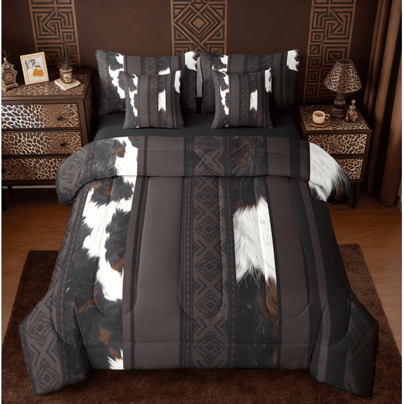 jejeloiu Cattle Hide Twin Bedding Sets 7-Piece,Cow Print Bedding Comforter Set,Aztec Geometric Stripes Sheet Sets,Breathable Bedroom Decor Reversible
