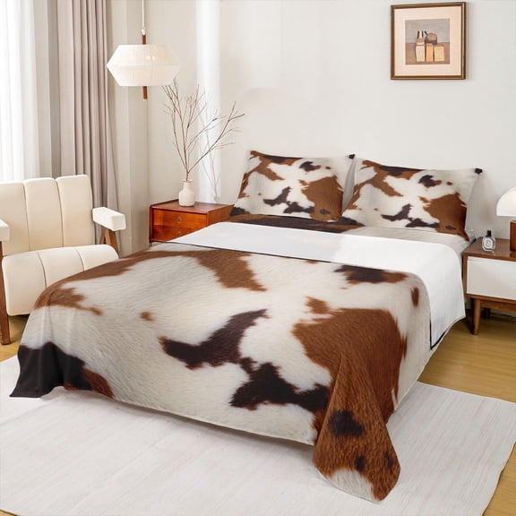 jejeloiu Cattle Hide Twin Sheet Sets,Country Farm Animal Twin Fitted Sheet,Farmhouse Cowhide Flat Sheet For Child,Super Cozy Room Decor,3pcs