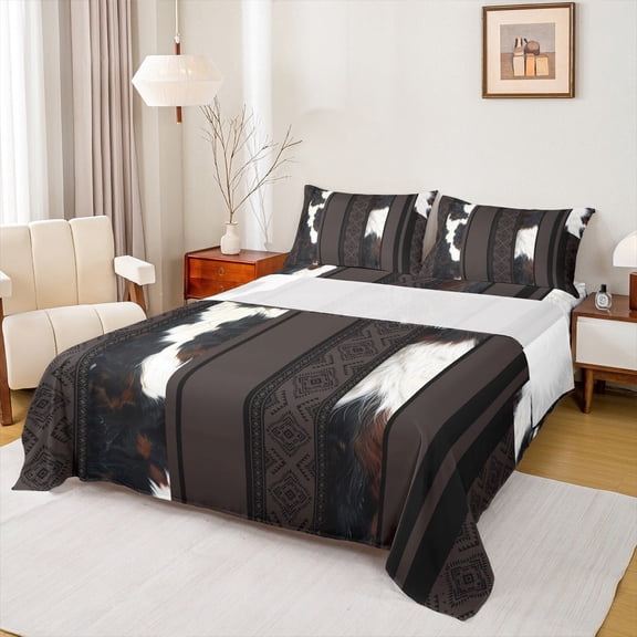 jejeloiu Cattle Hide Twin Sheet Sets,Cow Print Twin Fitted Sheet,Aztec Geometric Stripes Flat Sheet,Breathable Bedroom Decor,3pcs