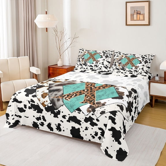jejeloiu Cattle Pattern Monogram X Bed Sheets For Boy,Rustic Leopard Print King Sheets,4pcs