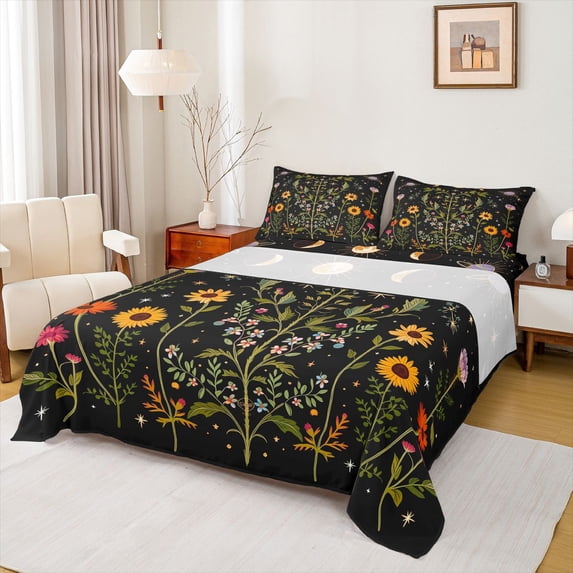 jejeloiu Celestial Floral Bed Sheets For Girls,Mystical Sunflower Full Size Sheets,Multicolor Black,4-Piece,1 Flat Sheet, 1 Fitted Sheet and 2 Pillowcases