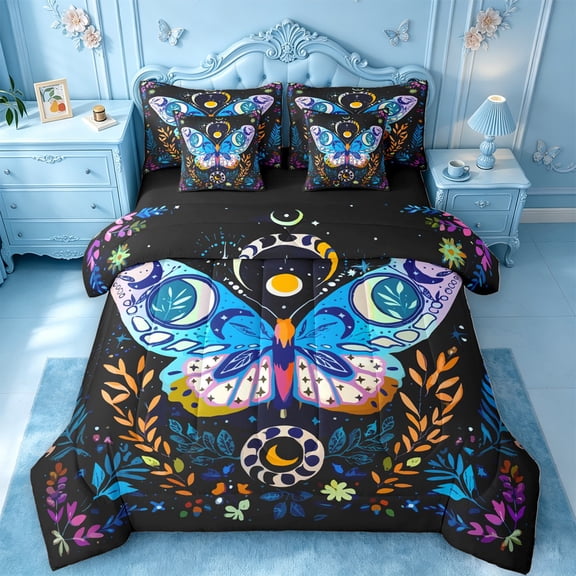 jejeloiu Celestial Moth 7-Piece Twin Bedding For Girls,Boho Floral Print Bedding Comforter Set,Black Multi Color,Black Reversible