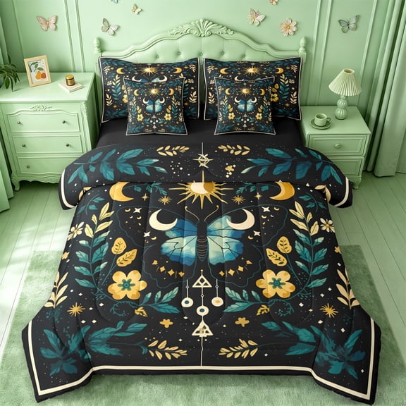 jejeloiu Celestial Moth 7-Piece Twin Bedding For Girls,Boho Pattern Bedding Comforter Set,Black Teal Gold,Black Reversible