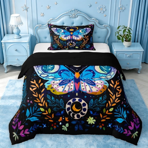 jejeloiu Celestial Moth Twin Comforter Sets For Girls,Boho Floral Print Bedding Set,Black Multi Color,Black Reversible,2-Piece,1 Comforter and 1 Pillowcase