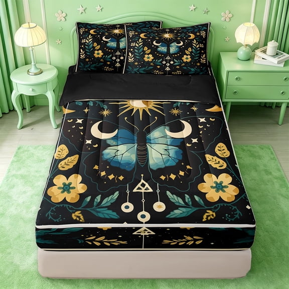 jejeloiu Celestial Moth Zipper Twin Comforter Sets with Fitted Sheet and 2 Pillowcases For Girls,Boho Pattern Zipper Bedding Set,Black Teal Gold,Black Reversible,4 Pieces