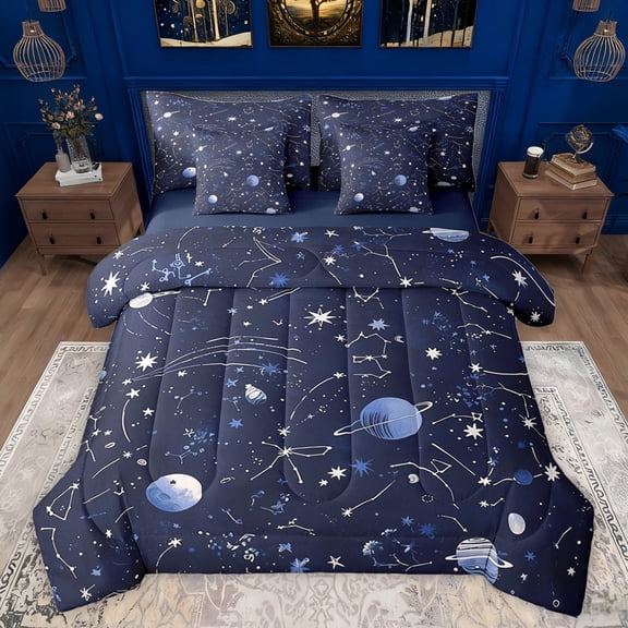 jejeloiu Celetial Palnet 7pcs Bedding Comforter Set,Galaxy Starry Night Queen Bedding Sets,Horoscope ConstellationQueen Sheet Sets For Teens,Luxury Bedroom Decor Reversible