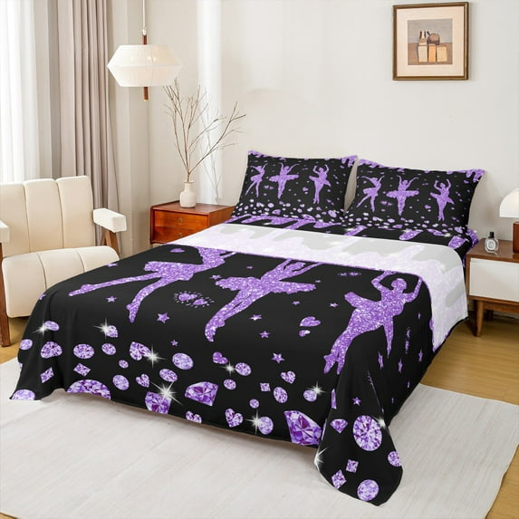 jejeloiu Cheeleader Theme Full Size Sheets,Bling Diamond Print Bed Sheets,Purple Black Sheet Sets For Children,Breathable Home Decor,4pcs