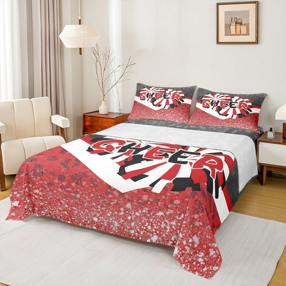 jejeloiu Cheer Sports Bed Sheets,Chic Cheetah Pattern King Sheets,Red White Sheet Set For Girls Kids,Ultra Soft Home Decor,4 Pieces