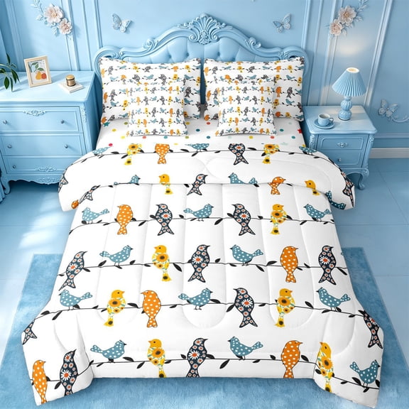jejeloiu Cheerful Bird 7pcs Queen Bedding For Men Women,Floral Print Bedding Comforter Set Queen,Orange Blue White,Polkadot Reversible