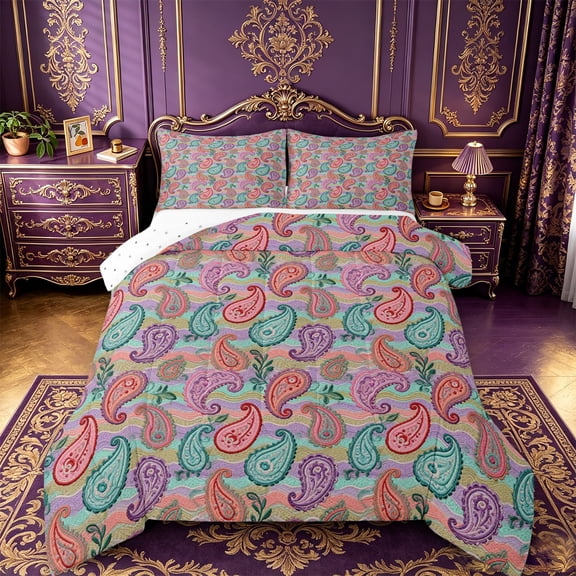 jejeloiu Cheerful Paisley Queen Comforter Set,Bright Motif Comforter Sets Queen For Adults,Pastel Multicolor,Reversible,3pcs,1 Comforter and 2 Pillowcases