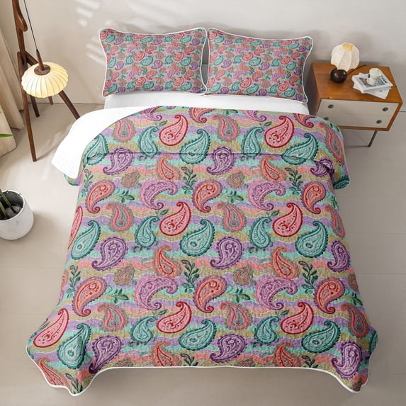 jejeloiu Cheerful Paisley Quilt King,Bright Motif King Coverlet Set For Adults,Pastel Multicolor,3-Piece