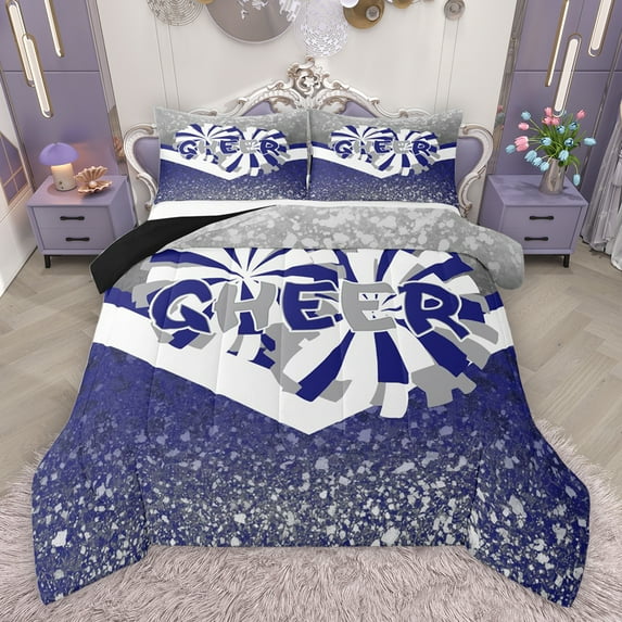 jejeloiu Cheerleader Queen Comforter Set,Blue Sequin Print Bedding Sets,Girls Gymnastic Sports Bedding Comforter Set For Kids,Microfiber Bedroom Decor Reversible,3-Piece