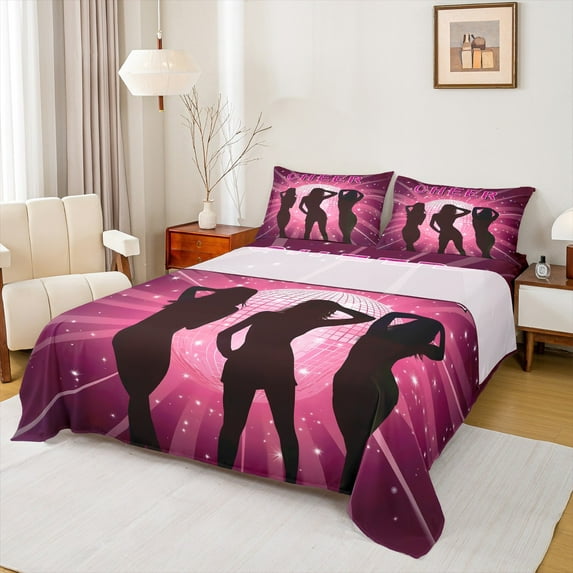 jejeloiu Cheerleader Slihouette Twin Sheet Sets,Pink Disco Ball Twin Fitted Sheet,Stars Pattern Flat Sheet For Girls Teens,Ultra Soft Home Decor,3-Piece