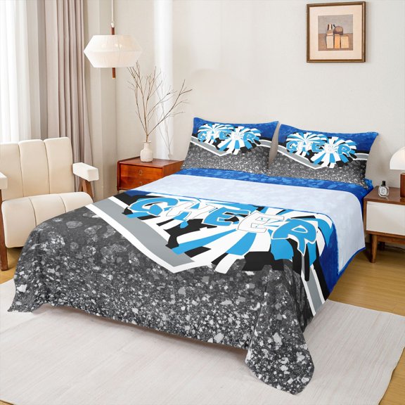 jejeloiu Cheerleader Twin Sheet Sets,Gray Blue White Twin Fitted Sheet,Girls Gymnastic Sports Flat Sheet For Kids,Microfiber Bedroom Decor,3-Piece