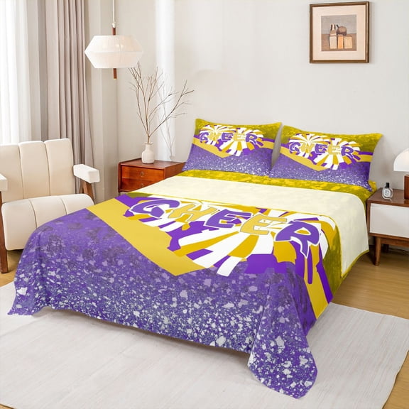 jejeloiu Cheerleading Cheerleader Bed Sheets,Cheer Lovers King Sheets,Purple Yellow White Sheet Set For Teens,Luxury Bedroom Decor,4pcs