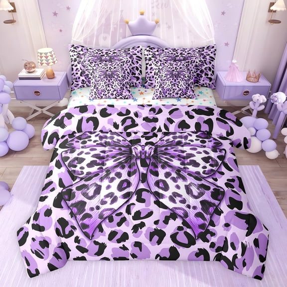 jejeloiu Cheetah Bowtie 7pcs Bedding Comforter Set,Purple Leopard Print Queen Bedding Sets For Adults Reversible