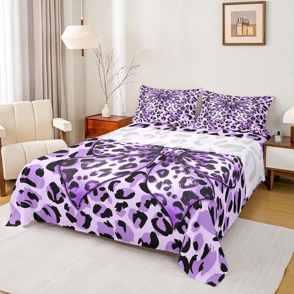 jejeloiu Cheetah Bowtie Full Size Sheets,Purple Leopard Print Bed Sheets For Adults 4pcs