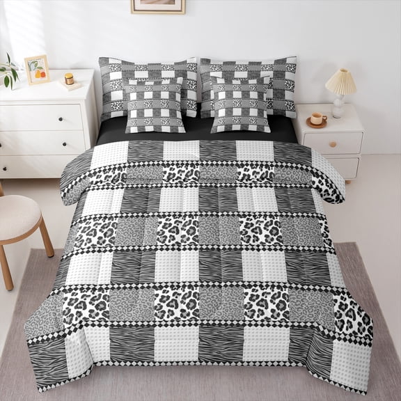 jejeloiu Cheetah Leopard Print 7-Piece Bedding Comforter Set,Patchwork Geometric Plaid King Bedding Sets,Gray Zebra Print Bed Sheets For Teens Kids,Breathable Home Decor Reversible