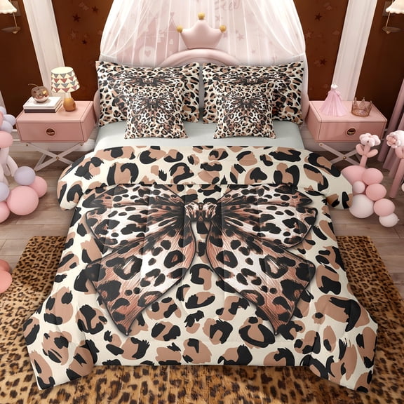 jejeloiu Cheetah Leopard Print 7-Piece Twin Bedding Sets,Brown Bowknot Bow Bedding Comforter Set For Men Women Reversible