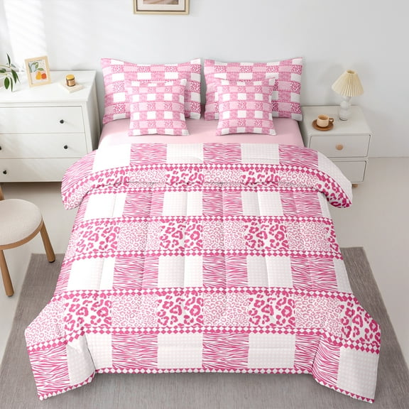 jejeloiu Cheetah Leopard Print 7-Piece Twin Bedding Sets,Patchwork Geometric Plaid Bedding Comforter Set,Pink White Zebra Print Sheet Sets For Teens Kids,Breathable Home Decor Reversible