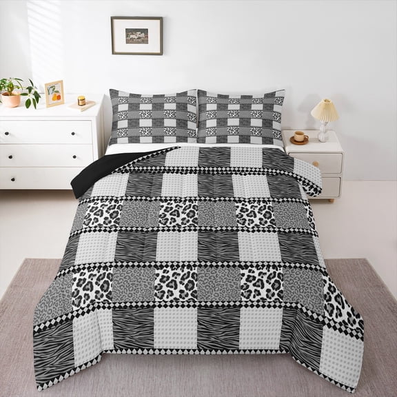 jejeloiu Cheetah Leopard Print Bedding Comforter Set,Patchwork Geometric Plaid Twin Comforter Sets,Gray Zebra Print Bedding Set For Teens Kids,Breathable Home Decor Reversible,2pcs