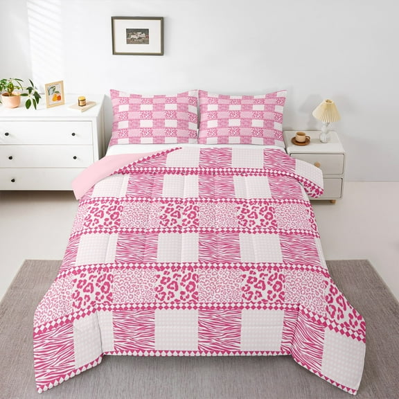 jejeloiu Cheetah Leopard Print Bedding Comforter Set,Patchwork Geometric Plaid Twin Comforter Sets,Pink White Zebra Print Bedding Set For Teens Kids,Breathable Home Decor Reversible,2-Piece