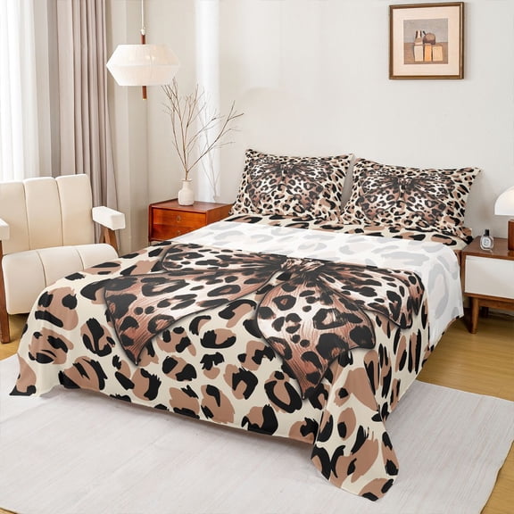 jejeloiu Cheetah Leopard Print Twin Sheet Sets,Brown Bowknot Bow Bedding For Men Women 3pcs