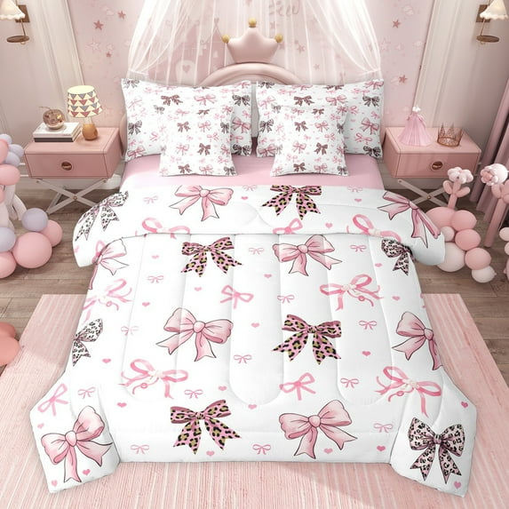 jejeloiu Cheetah Pattern Bow 7 Pieces Bedding Comforter Set,Cute Ribbon Bow Tie Full Bedding Set For Girl Teens Reversible