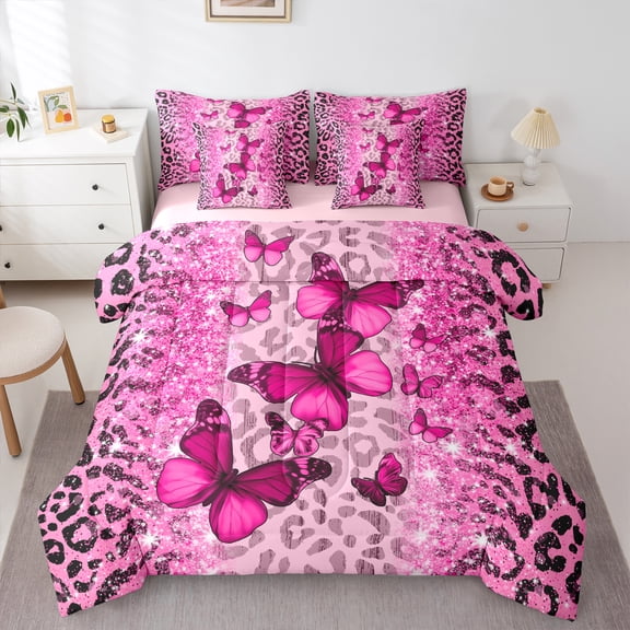 jejeloiu Cheetah Print 7-Piece Bedding Comforter Set,Leopard Pattern King Bedding Sets,Pink Butterflies Bed Sheets For Girls Kids,Breathable Home Decor Reversible