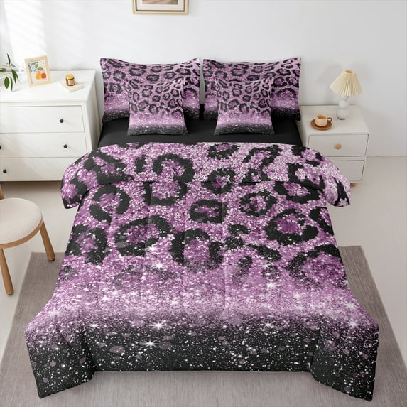 jejeloiu Cheetah Print 7 Pieces Bedding Comforter Set,Leopard Pattern Full Bedding Set,Purple Bling Print Fitted Sheet Flat Sheet For Teens Kids,Breathable Home Decor Reversible