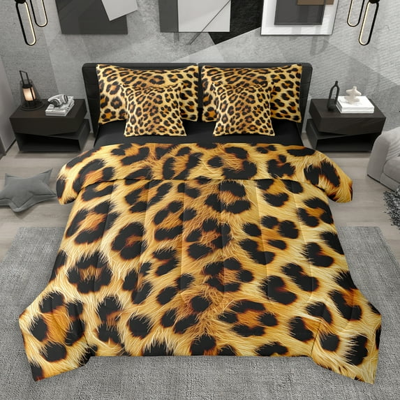 jejeloiu Cheetah Print 7pcs Bedding Comforter Set,Leopard Pattern Queen Bedding Sets,Orange Black Queen Sheet Sets For Teens Kids,Breathable Home Decor Reversible