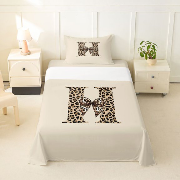 jejeloiu Cheetah Print Alphabet H Twin Sheet Sets For Kids,Leopard Bowknot Initial Art Bedding,3 Pieces