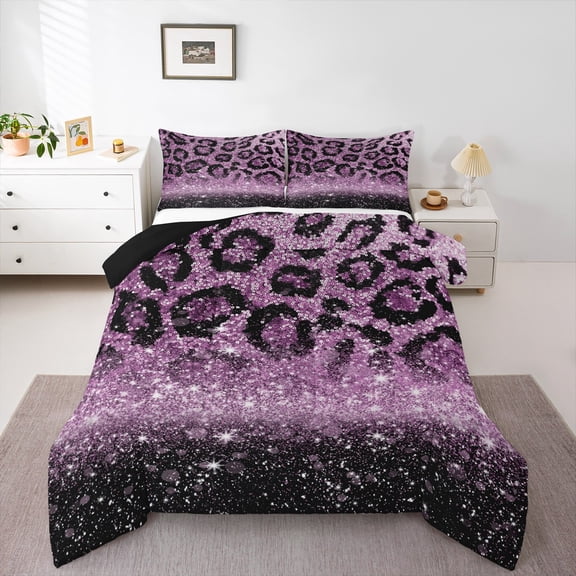 jejeloiu Cheetah Print Bedding Comforter Set,Leopard Pattern Twin Comforter Sets,Purple Bling Print Bedding Set For Teens Kids,Breathable Home Decor Reversible,2-Piece
