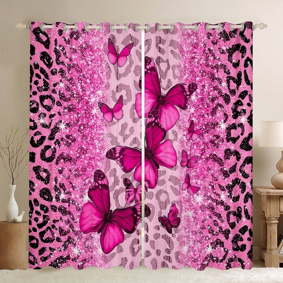 jejeloiu Cheetah Print Blackout Curtains Set of 2 (52x84 Each),Leopard Pattern Window Curtains,Pink Butterflies Curtains and Drapes For Girls Kids,Breathable Home Decor