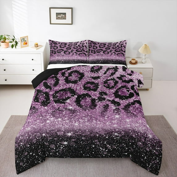 jejeloiu Cheetah Print Full Size Comforter Sets,Leopard Pattern Bedding Comforter Set,Purple Bling Print Bedding Sets For Teens Kids,Breathable Home Decor Reversible,3 Pieces