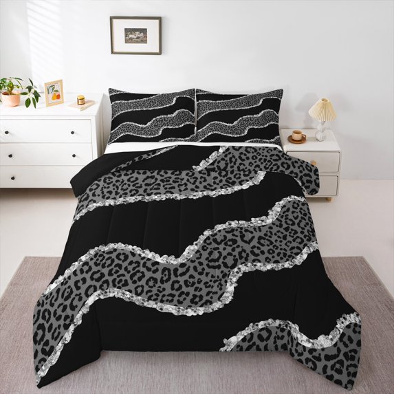 jejeloiu Cheetah Print Full Size Comforter Sets,Leopard Pattern Bedding Comforter Set,White Chic Bling Print Bedding Sets For Teens Kids,Breathable Home Decor Reversible,3 Pieces