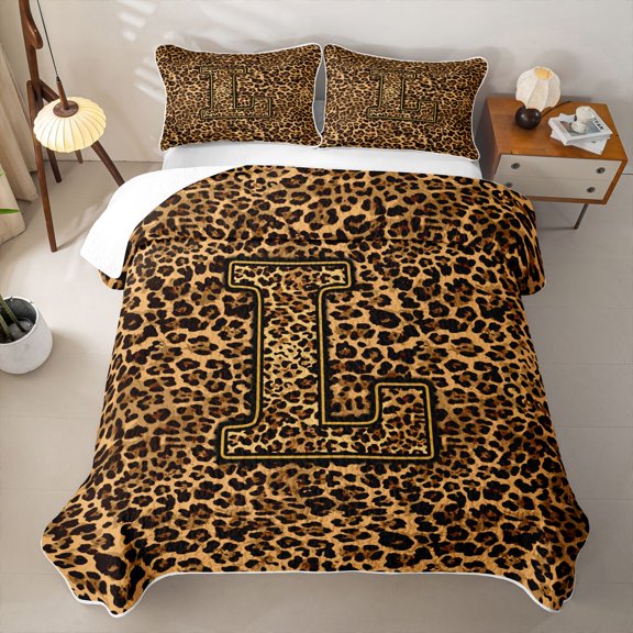 jejeloiu Cheetah Print Initial L Bed Spread Queen For Girls,Chic Animal Alphabet Art Queen Coverlet Set For Kids,3 Pieces