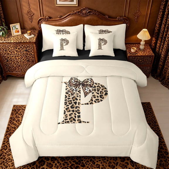 jejeloiu Cheetah Print Initial P 7-Piece Twin Bedding Sets For Girls,Leopard Bow Monogram Art Bedding Comforter Set For Kids,Black Reversible