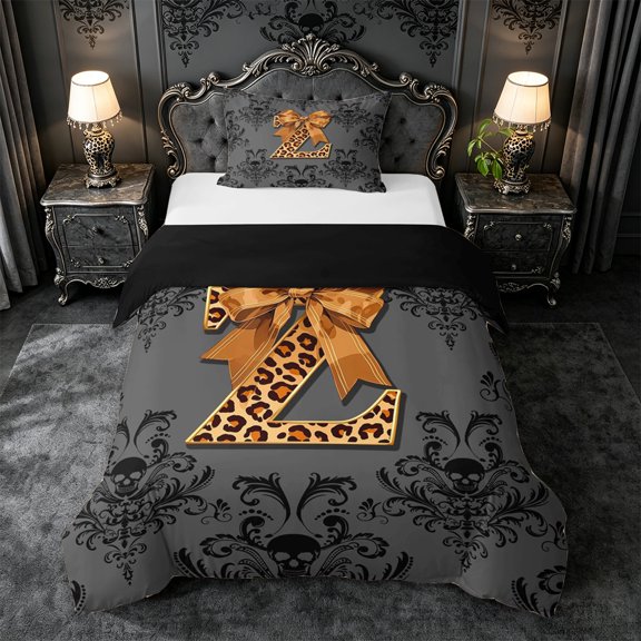 jejeloiu Cheetah Print Letter Z Twin Bedding For Kids,Baroque Initial Print Duvet Cover Set,Black Reversible,2pcs(No Comforter)