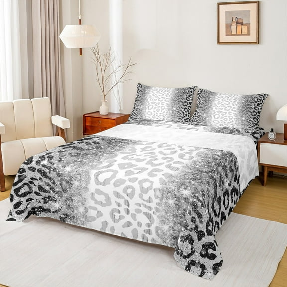 jejeloiu Cheetah Print Twin Sheet Sets,Leopard Pattern Twin Fitted Sheet,Gray Bling Print Flat Sheet For Teens Kids,Breathable Home Decor,3 Pieces