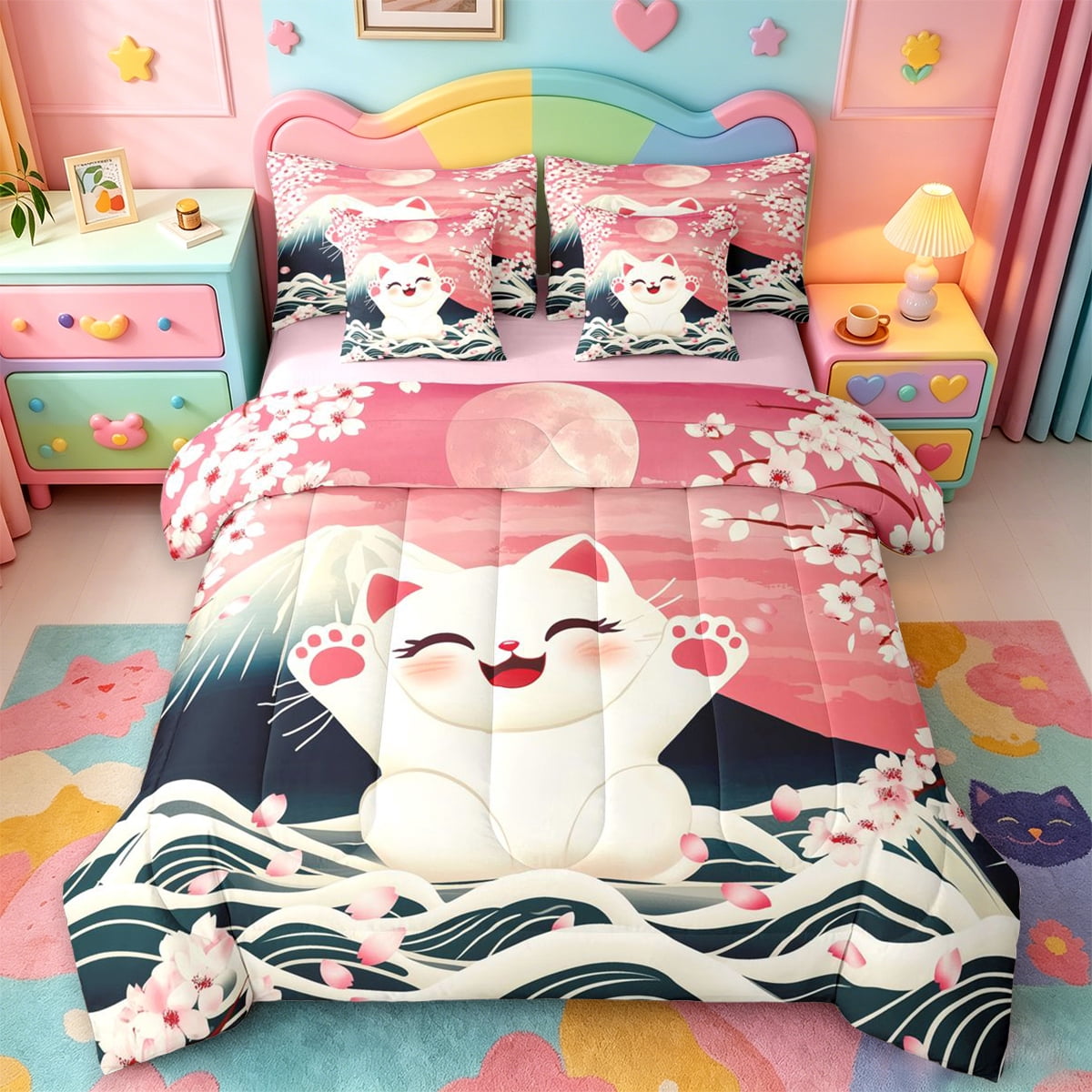jejeloiu Cherry Blossom 7-Piece Twin Bedding Sets Kids,Lucky Cat