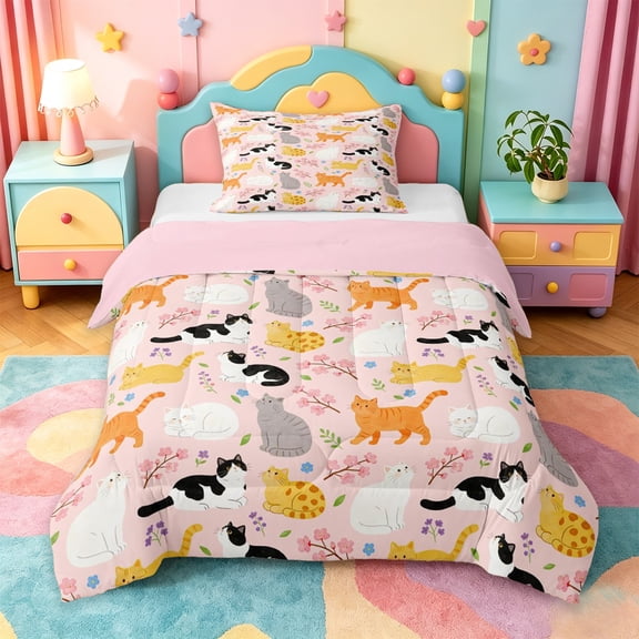 jejeloiu Cherry Blossom Cat Twin Comforter Sets Kids,Cute Kitten Pattern Bedding Set,Reversible,2-Piece