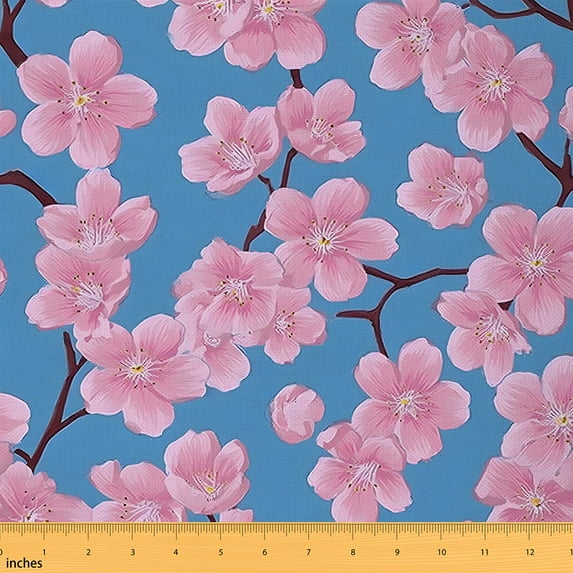 jejeloiu Cherry Blossom Fabric by the Yard 5 Yards,Japanese Sakura Fabric for Sewing,Pink Blue Home Decor Fabric by the Yard Girl Teens,Microfiber Bedroom Decor