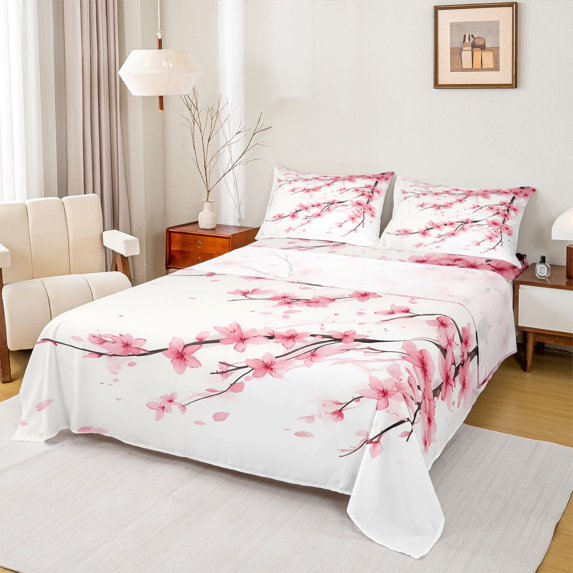 jejeloiu Cherry Blossom Twin Sheet Sets,Japanese Floral Twin Fitted Sheet,White Pink Flat Sheet For Girls Kids,Luxury Bedroom Decor,3 Pieces
