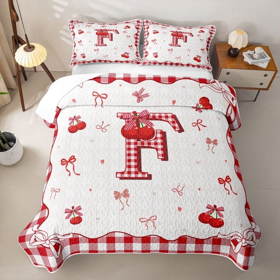 jejeloiu Cherry Bow Monogrammed F Quilt Full For Girls,Cute Princess Bow Tie Full Bedspread Sets For Kids,3 Pieces